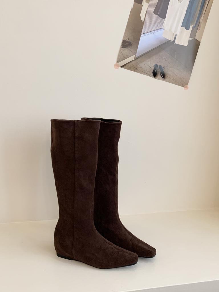 Inner Heightening Suede Square Head Boots for Women 2025 Autumn and Winter New Models But Knee High Boots Korean Version Sleeve Fashion Boots for Wo