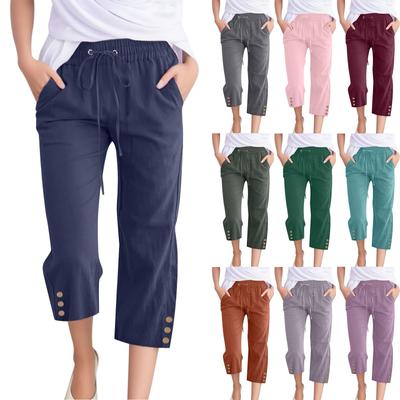 Pants For Women Casual Summer Solid Color Elastic High Waist Cotton And Linen Loose  Pants Drawstring Pocket Mid Leg Pants