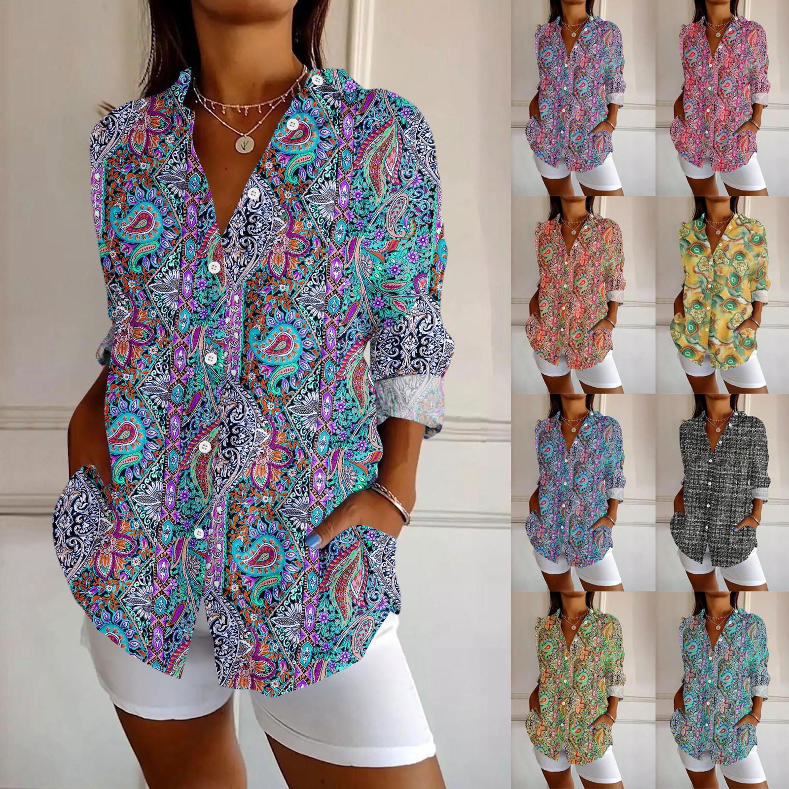 

Womens Button Down Shirt Long Sleeve Shirts For Women Print Graphic Blouse Top L