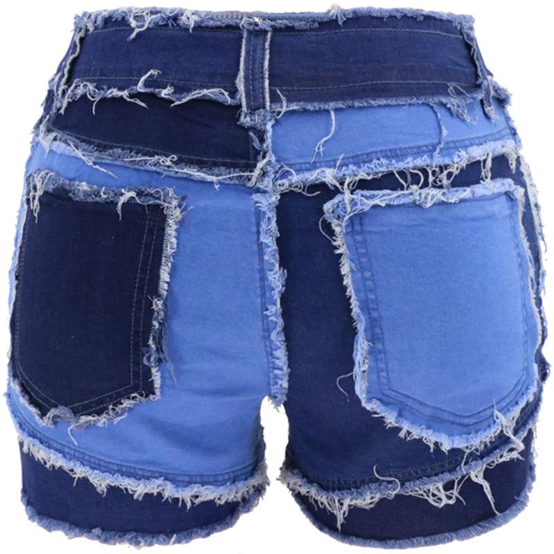 2024 Summer Women's Shorts Multi Color Panel Elastic Women's Denim Shorts