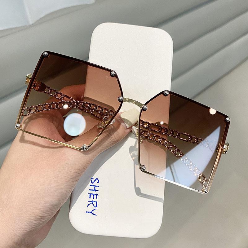 Korean Style Sunglasses Women Fashion Big Frame Chain Leg Sun glasses for Women UV Protection Female Sunglass