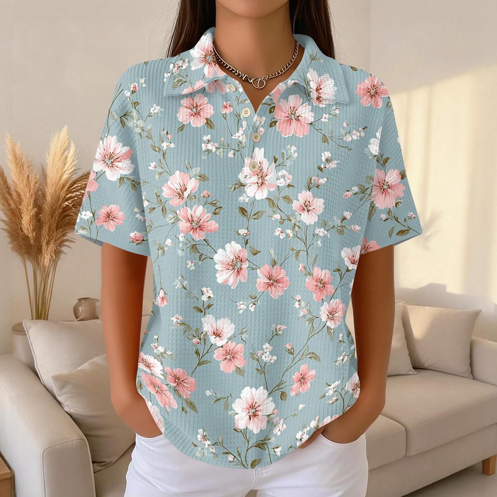 Women’s Casual Short Sleeve Knit Collared Top with Floral Print Relaxed Fit Button Down Blouse for Daily Wear