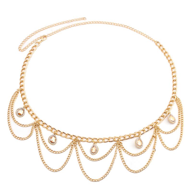 Trendy Rhinestone Gem Gold Crystal Wave Tassel Pendant Waist Chain