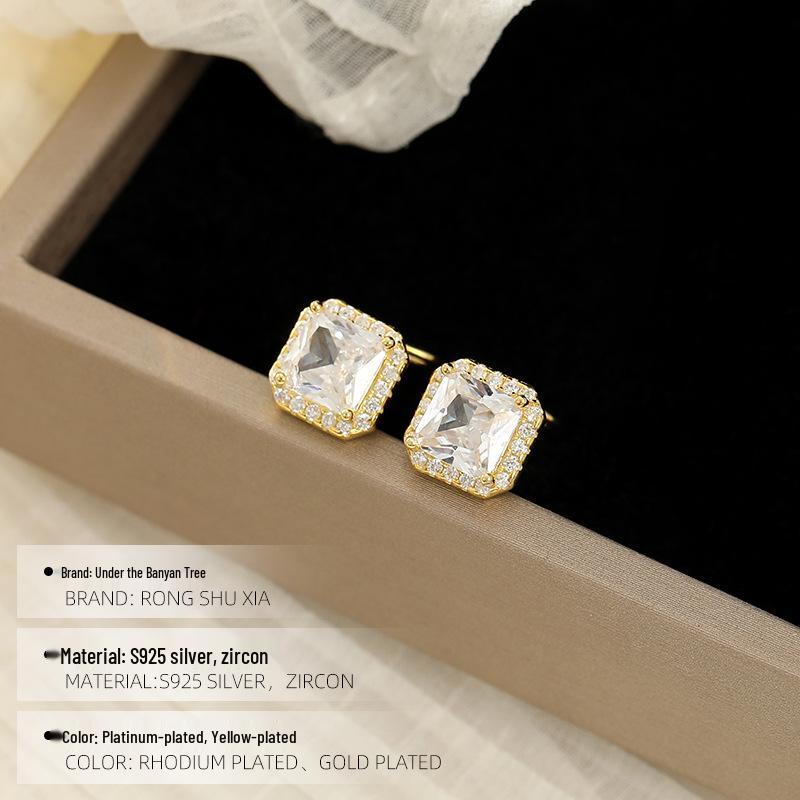 Banyan Tree S925 Silver Luxury Zircon Square Earrings - Simple, Fashion-forward Design for Women