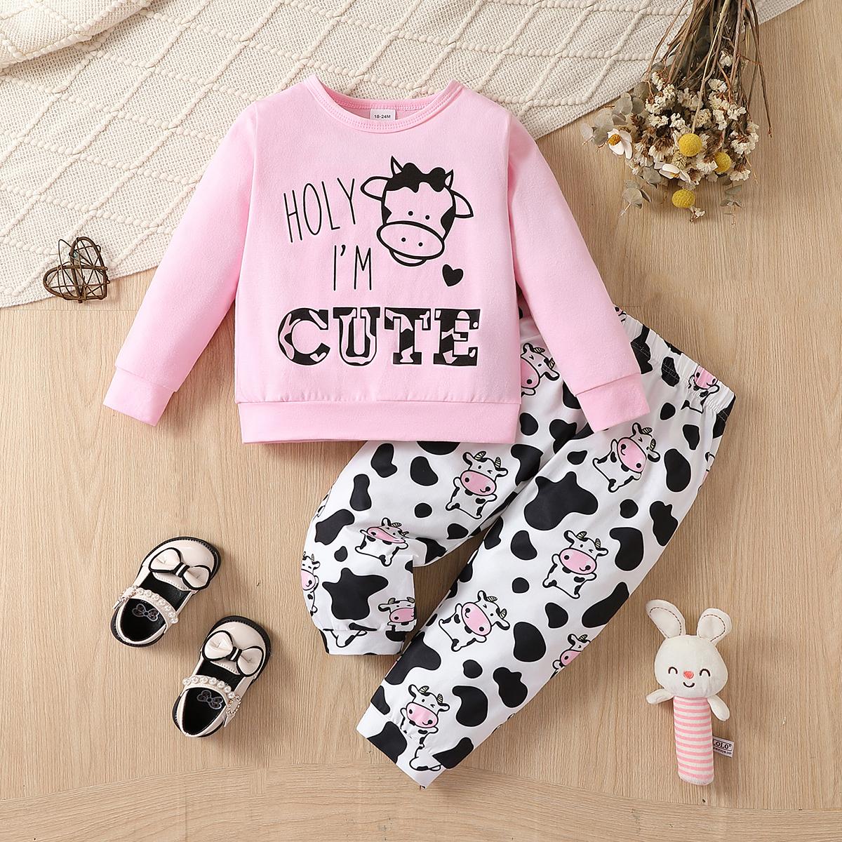 

Little Girl 2PCS Set 1-8 Years Old Pink Sweatshirt and Cow Print Long Pants Kids Casual Daily Wear or Pajamas Set 1-2Y розовый