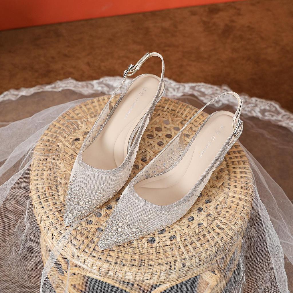 Champagnefärgade strass-mesh-sandaler med hög klack - Dambrud- och aftonskor