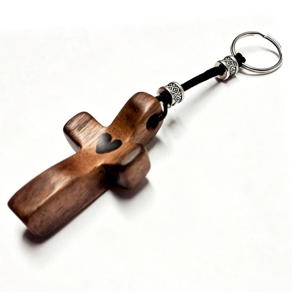 Handcrafted Walnut Heart Cross Keychain