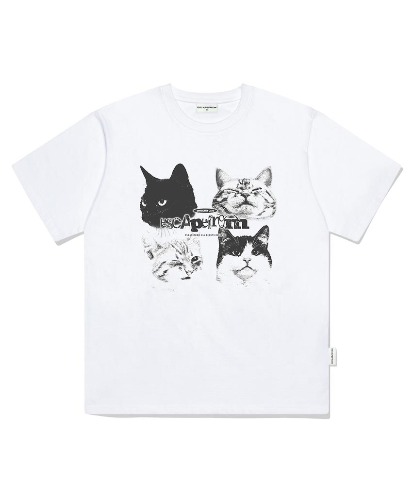 ESCAPEFROM Charcoal Natty Cats Print Oversized Short Sleeve T-Shirt White