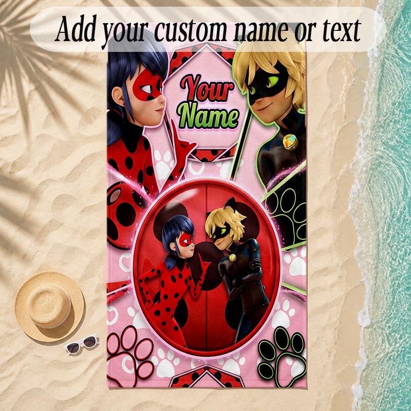 Beach TowelMiraculous Ladybug Custom Name Text Personalized Soft Towel for Beach Pool Indoor Home Decor Gift