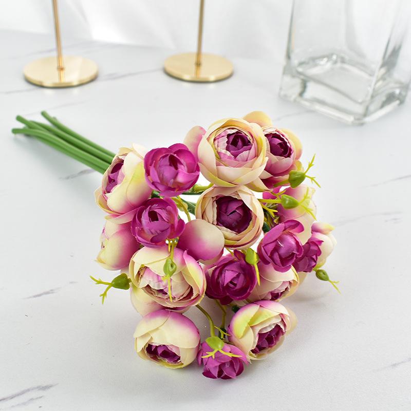 Small Tea Rose Lotus Bunch Fake Flower Simulation Artificial Camellia Hand Bouquet Decorative Ornament Wedding Photo Props