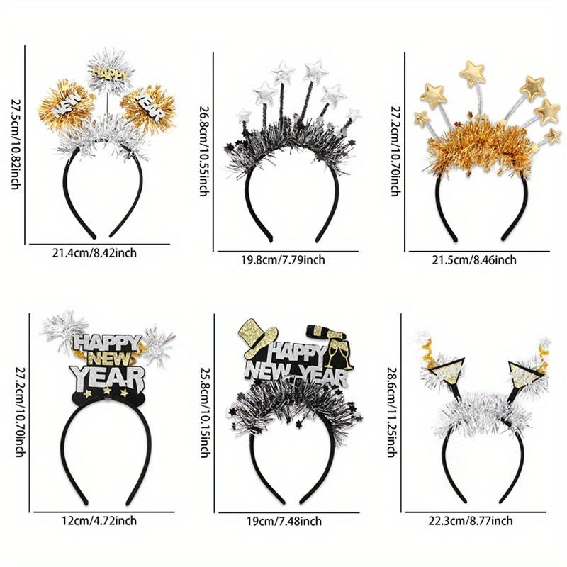 6Pcs Happy New Year 2026 Gold Black Party Theme Headband Letter Hair Accessories Star Wine Glass Party Supplies Headwear