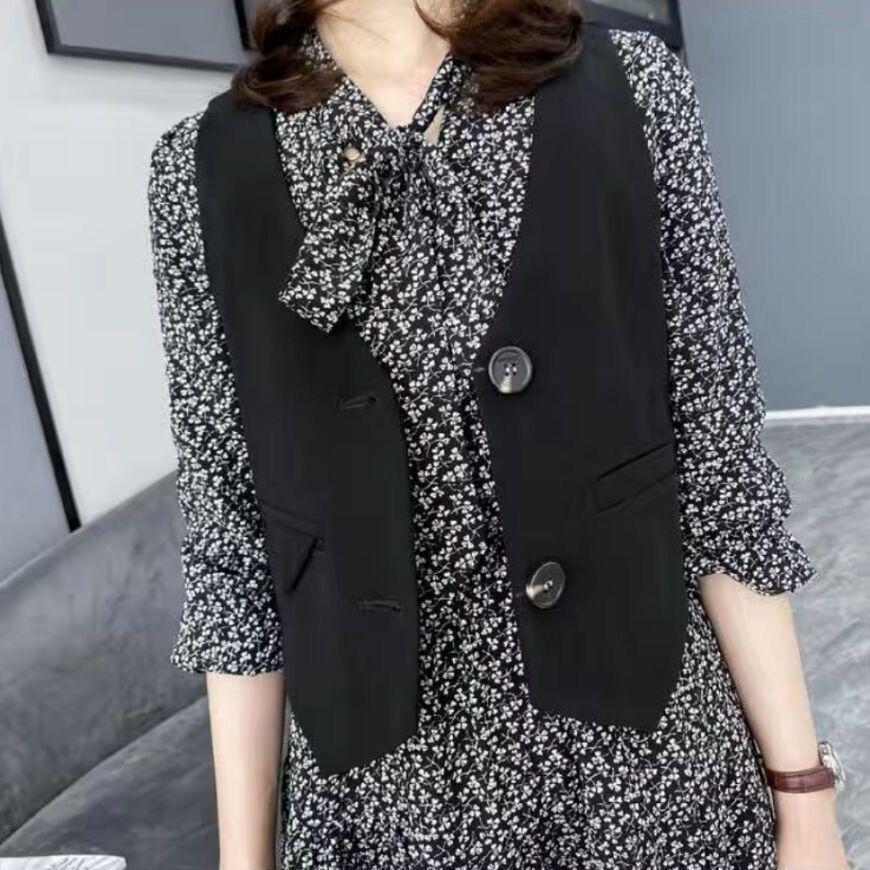 Two-Piece Floral Dress & Vest Set - Spring 2026 Elegant Slim Fit, Long Sleeve, Elastic Waist