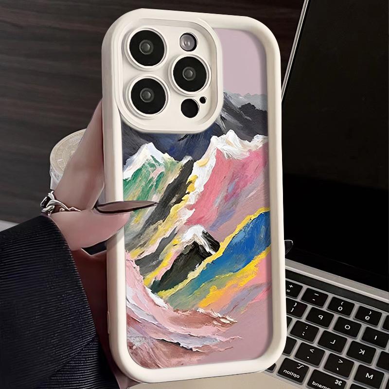 Oil Painting Rainbow Mountains Phone Case iPhone 15 Pro Max 11 12 13 16 14 Plus Silicone Shockproof Case Lens Protector Shell
