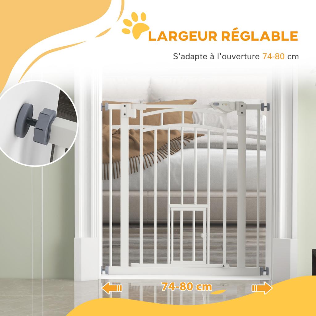 Pressure Fit Stair Gate, Dog Gate W/ Small Cat Door, Auto Closing System, Double Locking Openings, 74-80cm - White