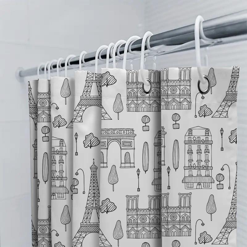 Vintage Parisian Sketch Shower Curtain Featuring Eiffel Tower, Notre Dame Cathedral Arc De Triomphe Black White Decor For Bathro