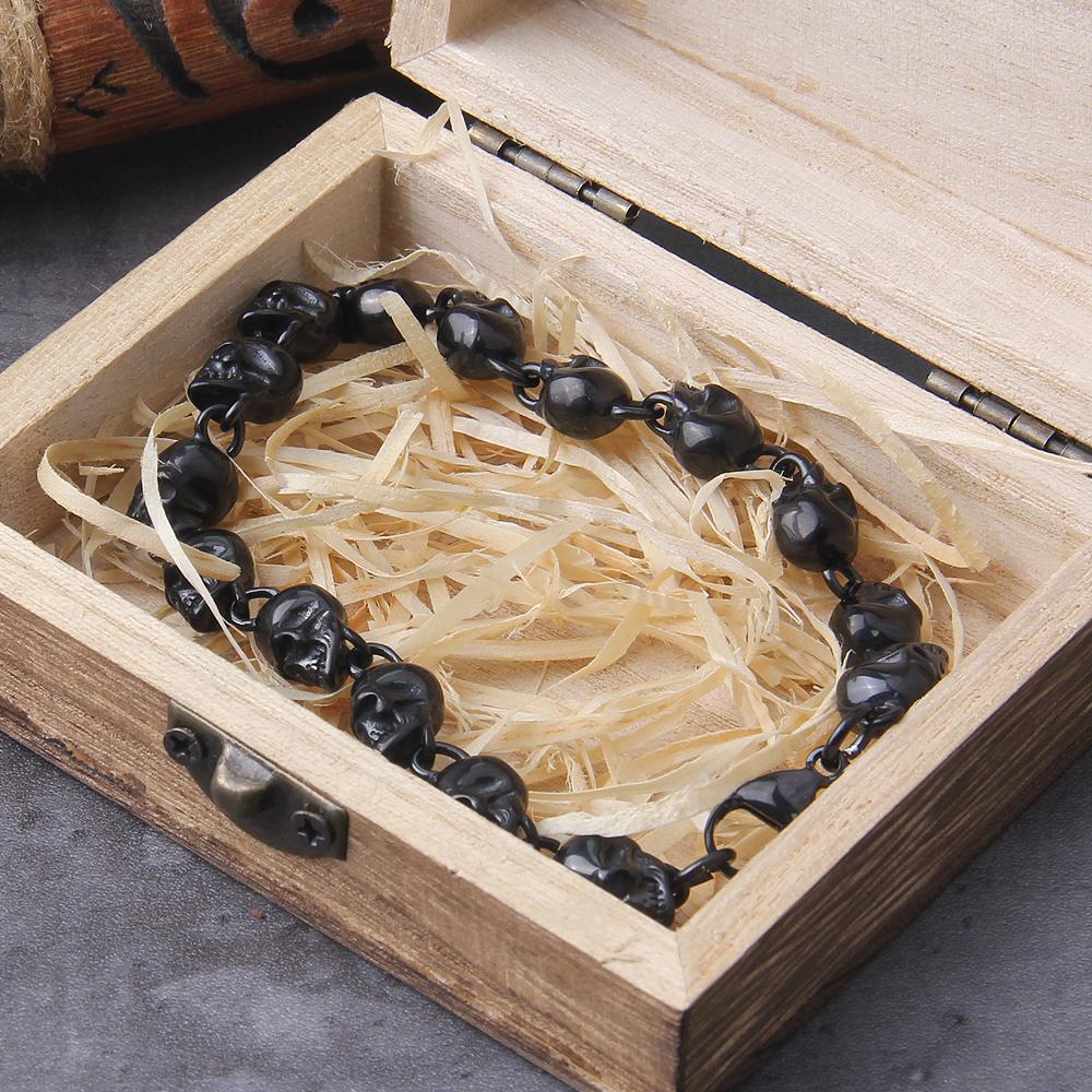 Gun Black Vintage Stainless Steel Skull Beaded Bracelet for Men Gothic Gift Wooden Box Packing