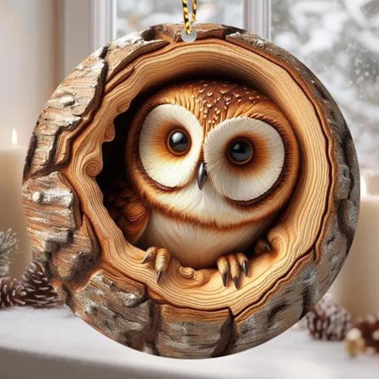 Animal Christmas Ornament Rustic 2D Acrylic Hanging Decoration Round Forest Animal Ornament