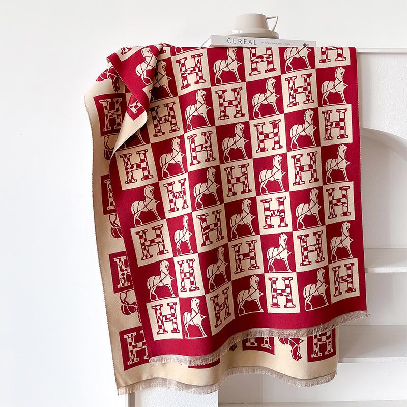 

Геометрические буквы, двухсторонний шарф из имитации кашемира контрастных цветов, зимняя высококачественная теплая шаль 185cm красный