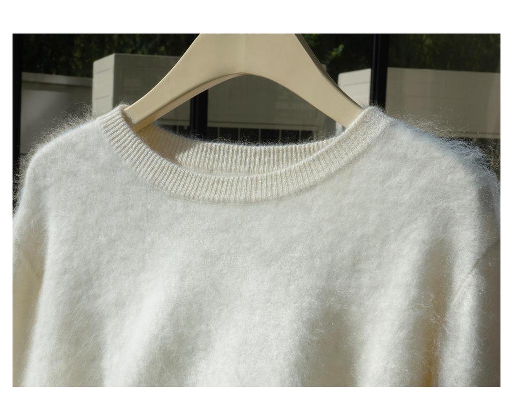 Women's 100% Pure Goat Cashmere Flocked Round Neck Sweater - Long Sleeve Solid Color Pullover