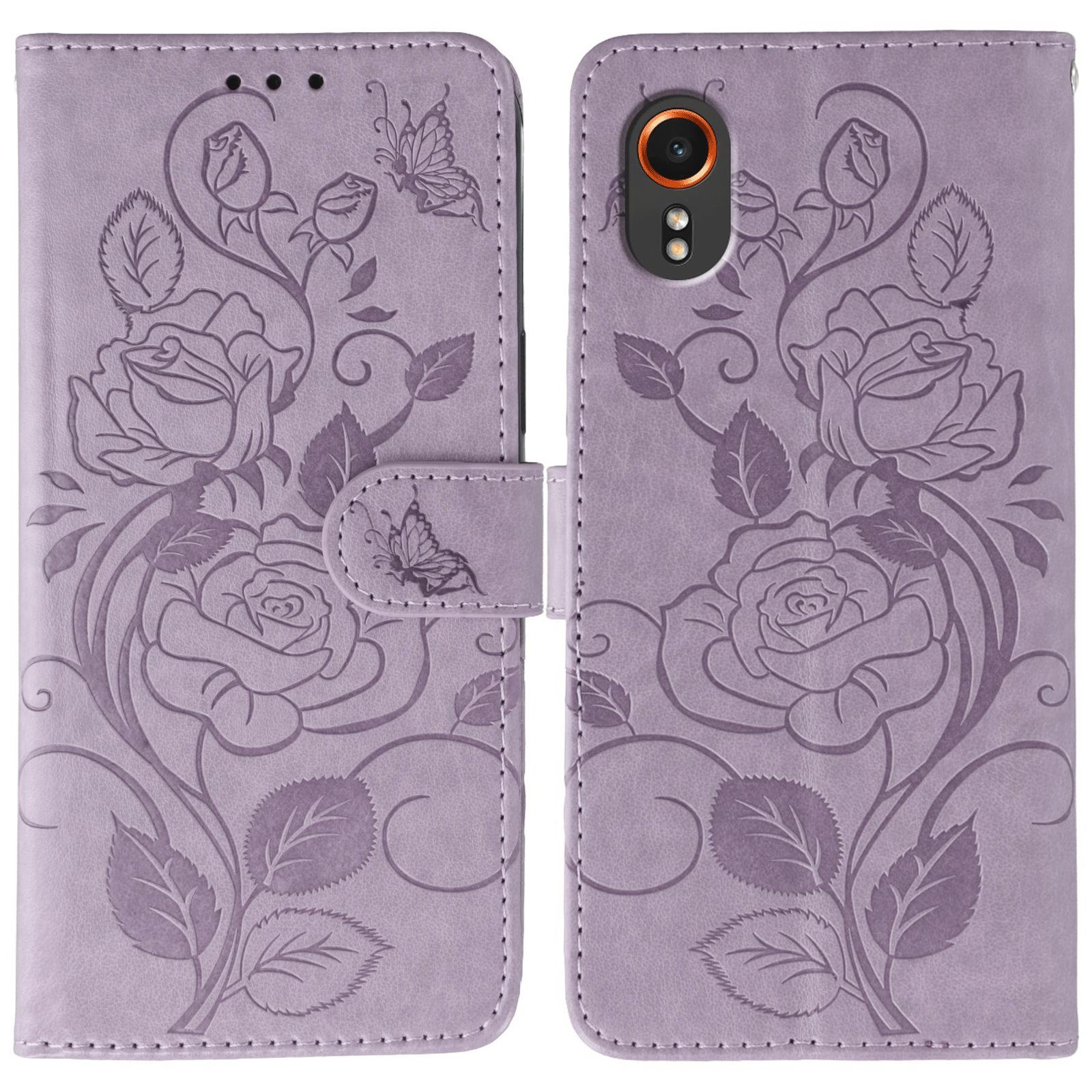 

For Samsung Galaxy Xcover7 Case Wallet Stand Imprinted Rose Butterfly PU Leather Phone Cover Purple