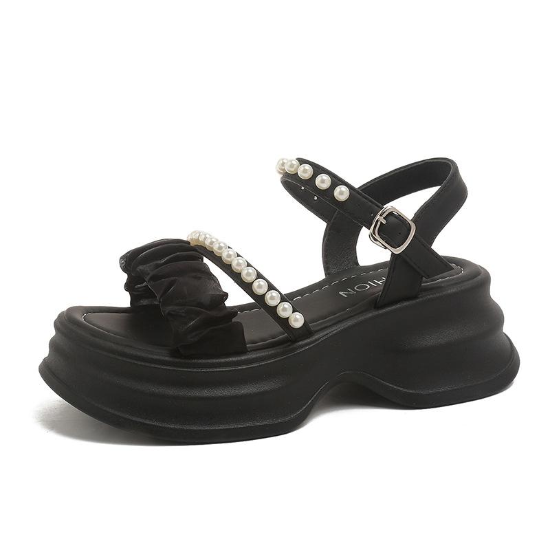

Спортивные сандалии на толстой подошве, женские, летние, с жемчужной пряжкой на ремешке, повседневные пляжные сандалии, модная женская летняя обувь, дышащая для жаркой погоды 40