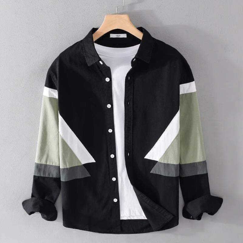Men's Color Block Roll Up Sleeve Button Down Shirt Casual Cotton Streetwear Top