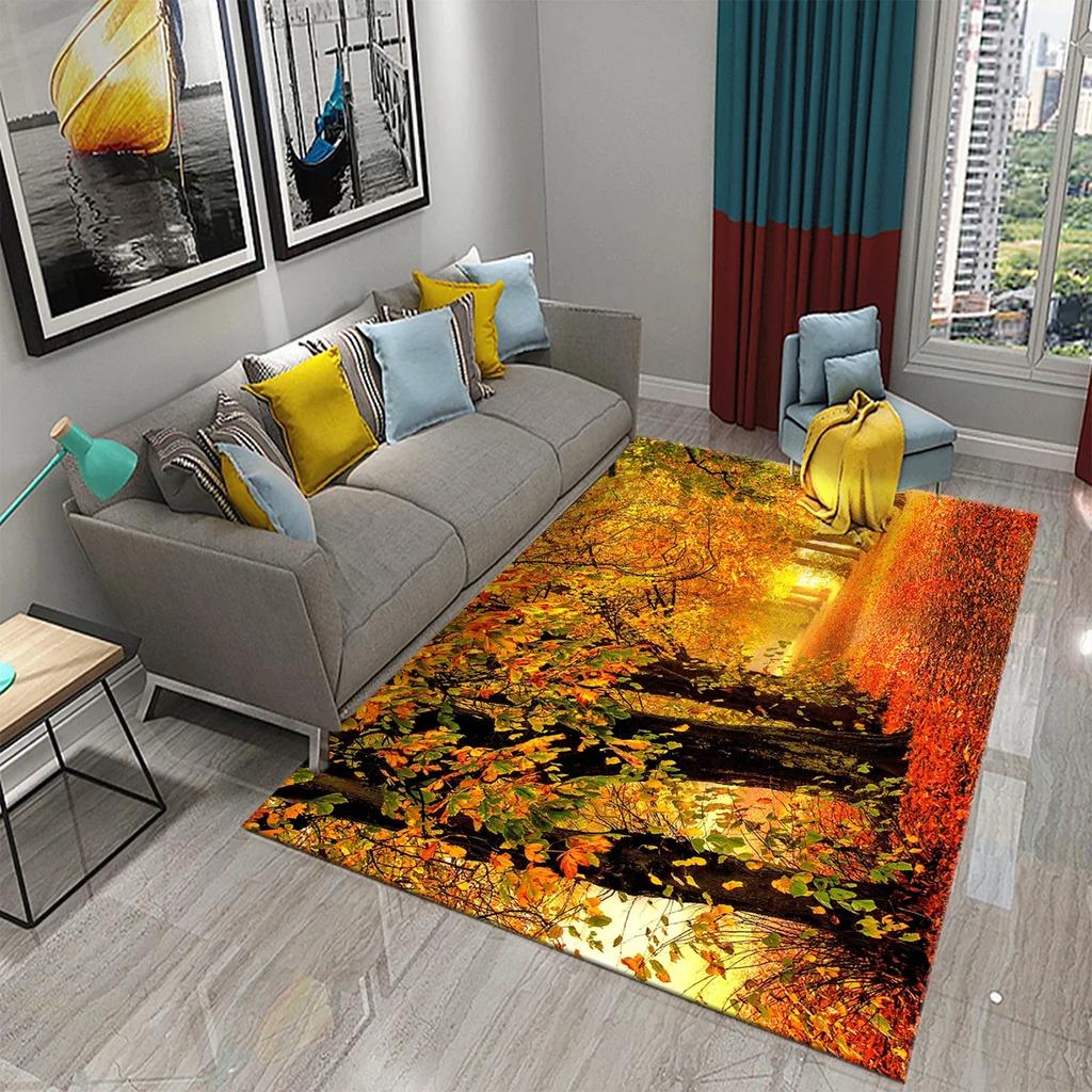 3D Autumn Yellow Maple Leaves Carpet Modern Kitchen Bathroom Anti-Slip Entrance Doormat Bedroom Living Room Balcony Floor Carpet