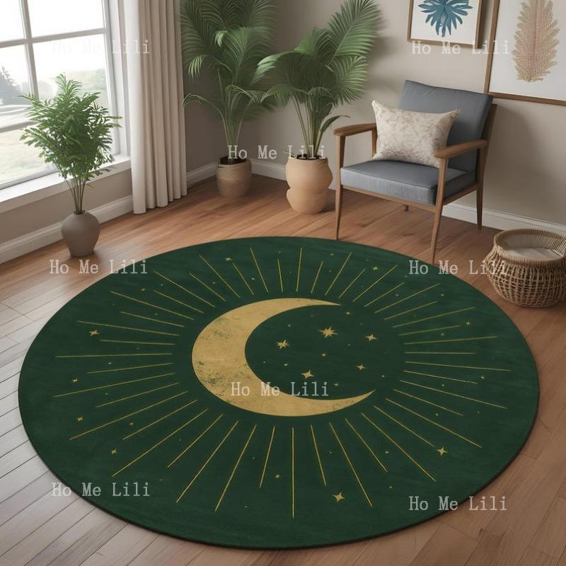 Mid Century Celestial Green Crescent Moon And Star Design For Astrology Decor Witchy Room Or Modern Mystic Round Rug Mat 60X60cm