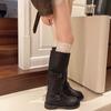 Vintage Belt Buckle Women Knee High Boots Concise Thick Heel Slip On Shoes Autumn Winter Ladies Knight Long Booties