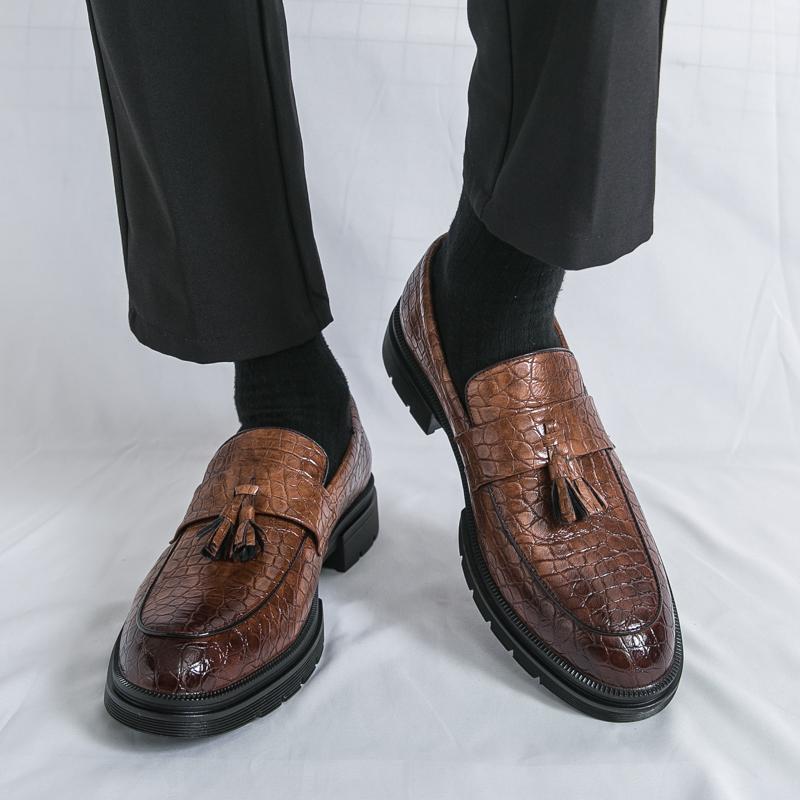 Men'S Dress Shoes Slip On Leather Formal Loafers Platform Social Business Shoes Men Tassel Office Party Leather Shoes Man Loafer