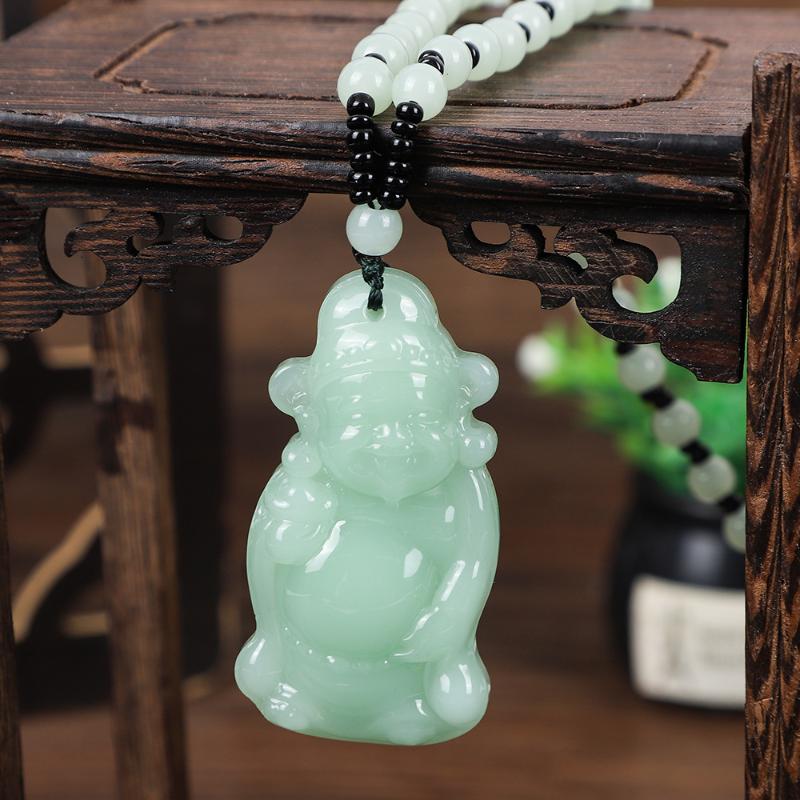 Green Glass Stone Hand-Carved Pendant Necklace Retro Chinese Style Jewelry for Women Men Party Accessory
