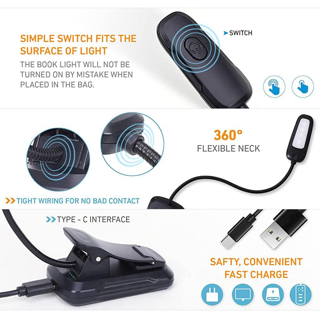 Reading Lights for Books In Bed Portable Clip On LED USB Rechargeable Lamp Eye Protection In 3 Colors & 3 Brightness