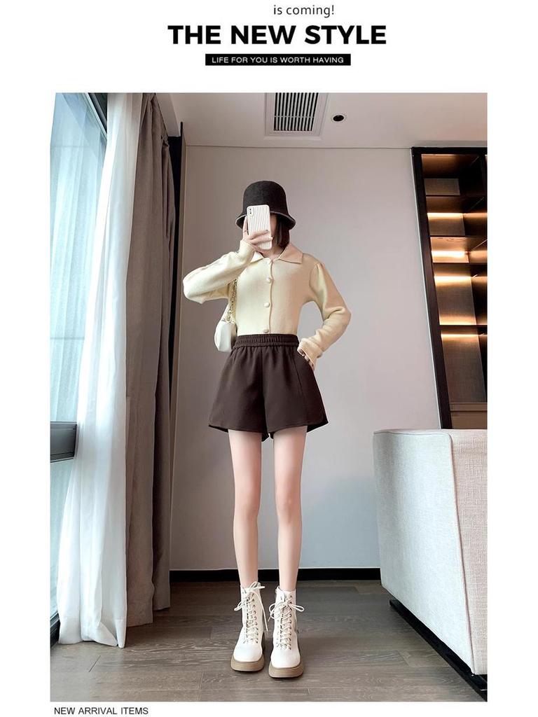 2025 Woolen High-Waist A-Line Shorts for Women: Autumn/Winter Casual Wide-Leg Petite Fit