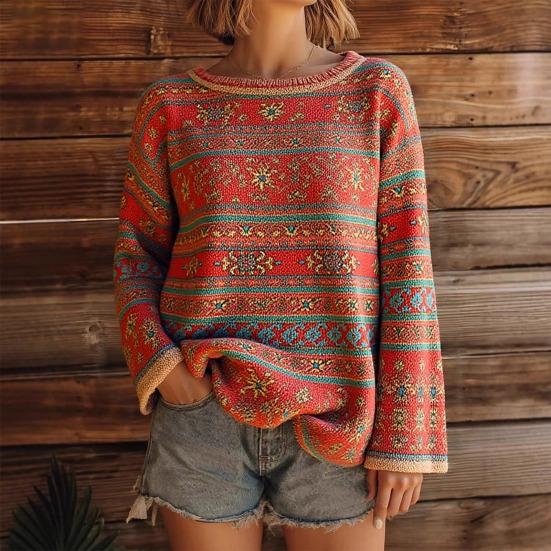 Women Autumn Sweater O-Neck Long Sleeve Vintage Oversized Pullover Sweater Ethnic Graphic Knit Tops Daily Wear
