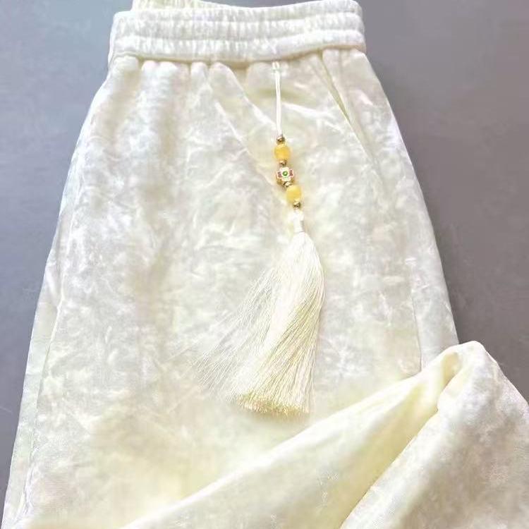 

Retro Chinese Style Golden Velvet Jacquard High Waist Slim Fit Pants for Spring and Autumn XL (for 80-100 jin) бежевый