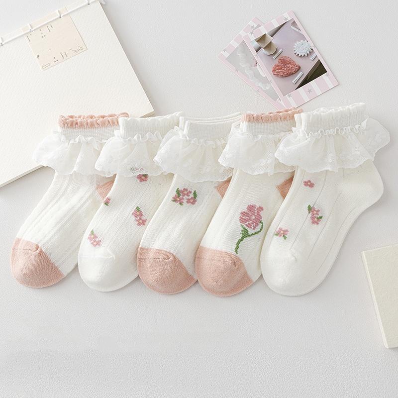 5Pairs/Set Children Cotton Mesh Socks Spring Summer Thin Girls Quality Socks For Baby Sweet Lace Print Princess Teenage Sock New