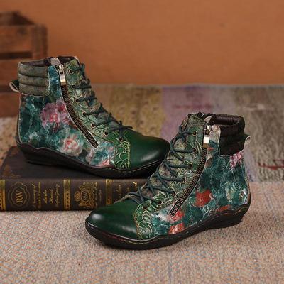 Retro Oil Painting Women's Boots Handmade Ethnic Flower Lace Up Comfortable Flat Leather Short Boots