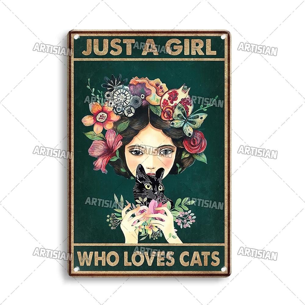Artisian Halloween Metal Plaque Girl And Cat Tin Sign Black Cat Decorative Plate Wall Decor Garage Bar Pub Club Hotel Kitchen
