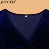 BITCED Plus Size Long Sleeve Velvet Bodycon Dress Sexy Pleated Wrap-Style Deep V-Neck Party Cocktail Gown
