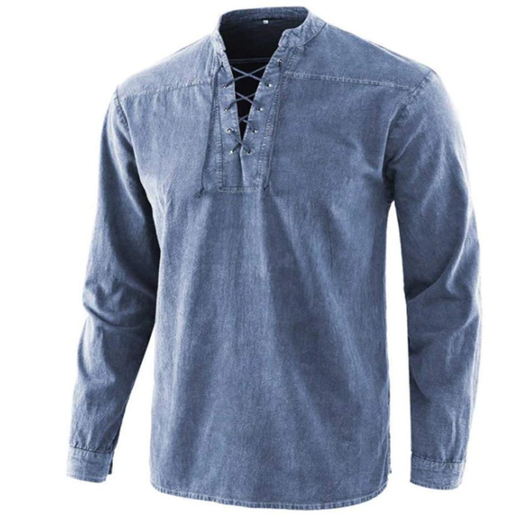 Men's Solid Color Vintage Laced Stand-Collar Loose Casual Shirt