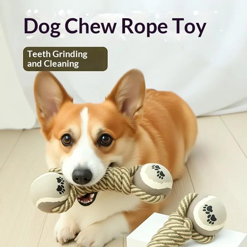 Eco-Friendly Cotton Rope & Tennis Ball Dog Chew Toy with Handle for Boredom Relief-Indoor/Outdoor Use