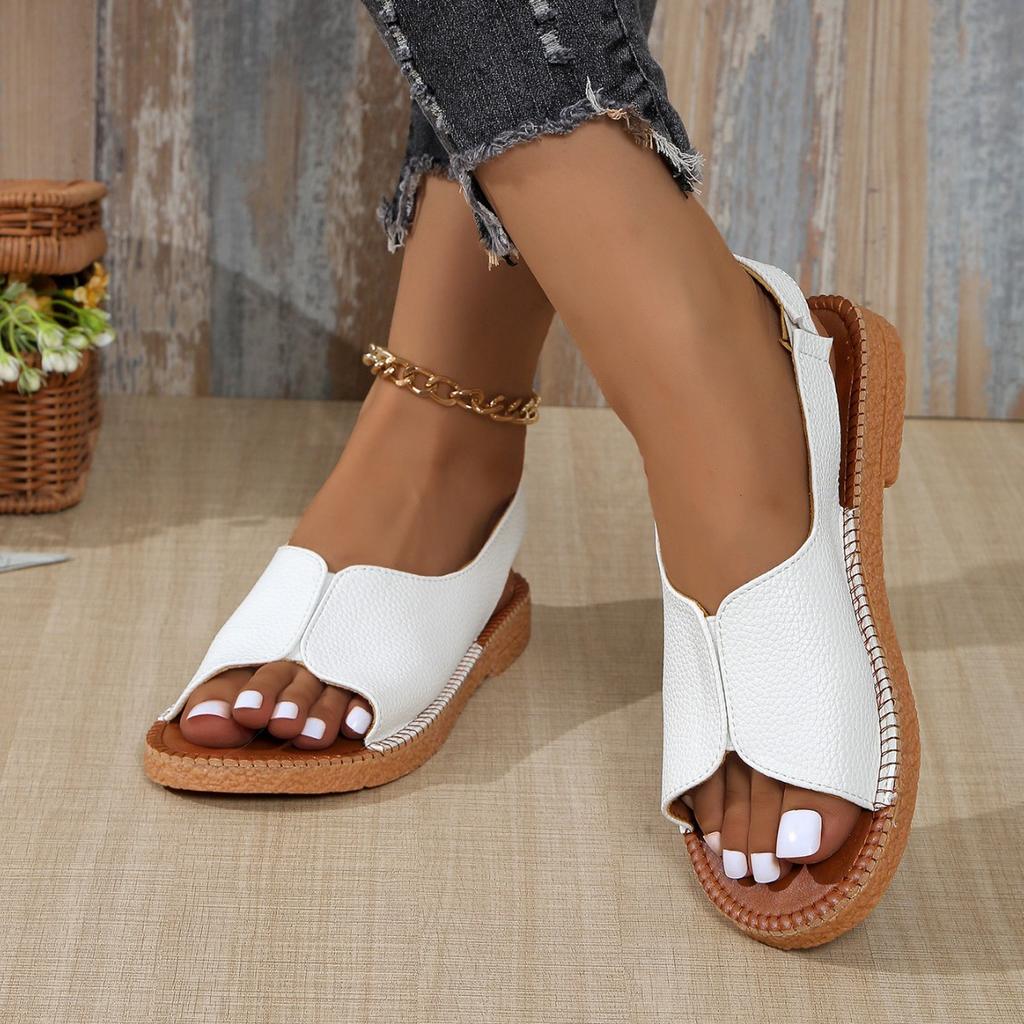 Außenhandel Übergröße flacher Boden Fischmaul einfarbige Sandalen Damen 2025 Sommer neu bequeme lässige elastische Sandalen Damen