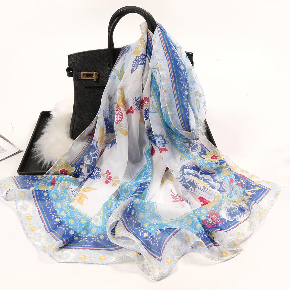 Chiffon Lotus Print Long Scarf - Lightweight, Thin Spring/Autumn Silk Accessory for Middle-Aged & Elderly