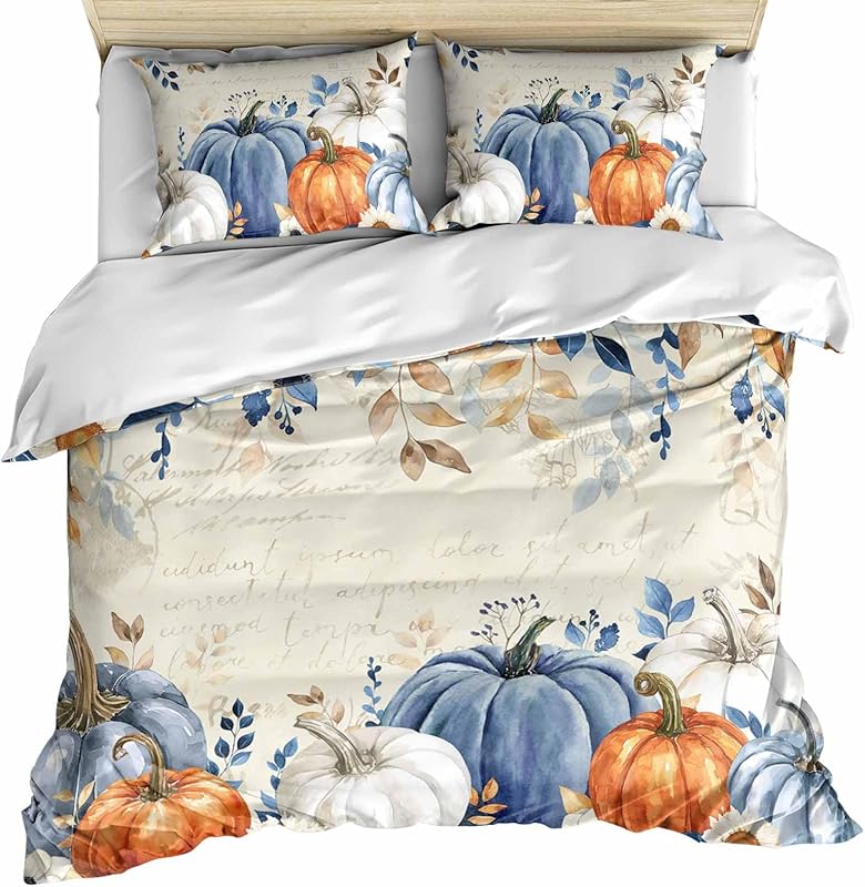 

Осенние синие тыквы Комплект пододеяльника 3 предмета, День Благодарения Оранжевый Серый Ботанический Рустикальный Комплекты постельного белья EU single(135x200cm)