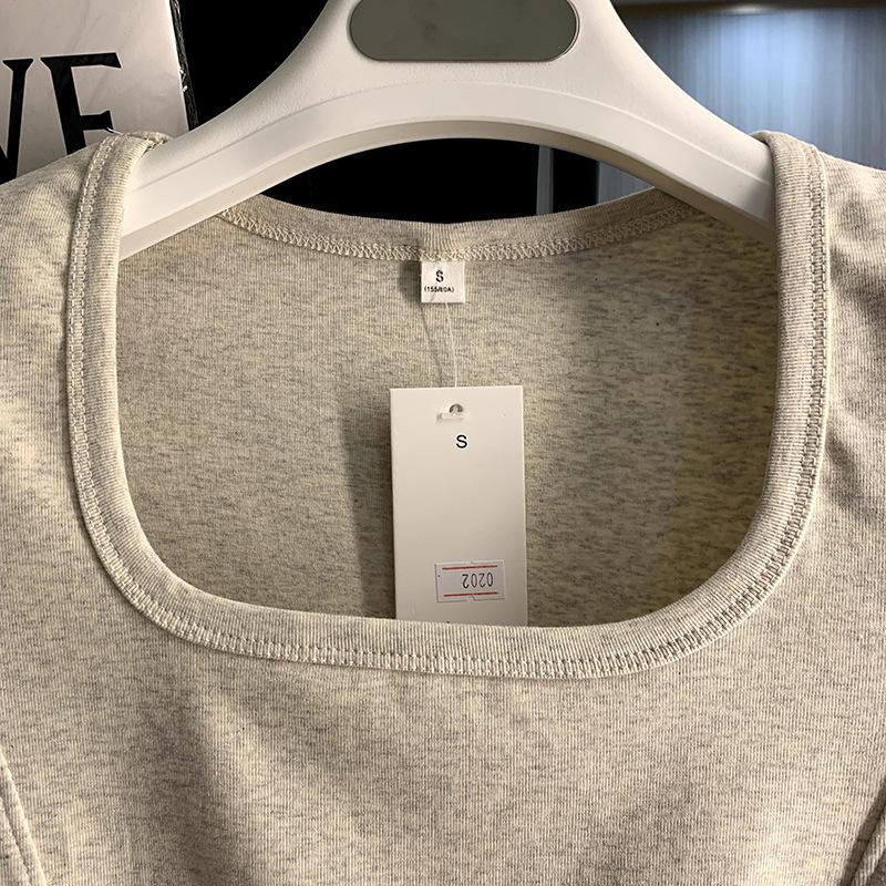 

Square Collar Shoulder Short-sleeved T-shirt Women s Summer Slim-fitting and Thin Short Top S сірий колір