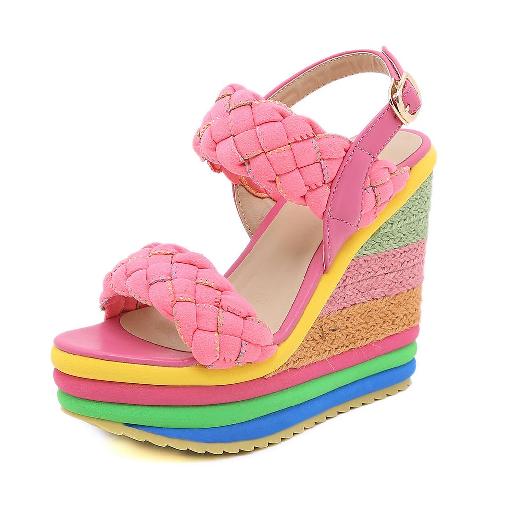 Fashion Plus Size 34-43 Shoes for Women Summer 2024 Rainbow Wedge Sandals Open Toe Sandalias Platform High Heel Casual Roman Women Shoes