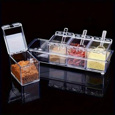 1Pc Clear Seasoning Box,Set of 4 Seasoning Storage Container with Spoon Clear Seasoning Rack Spice Pots for Pepper Spice