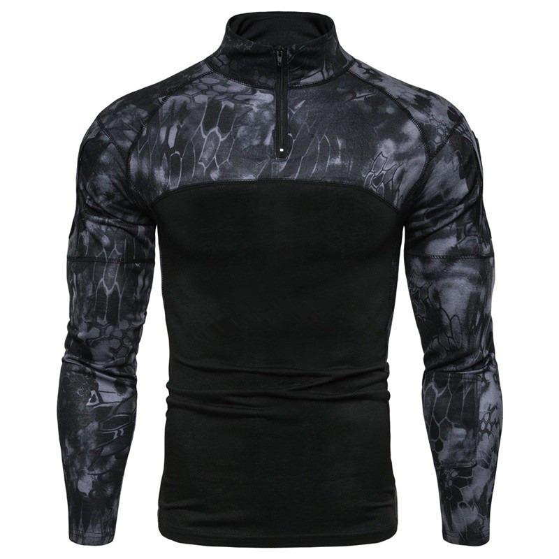 Men's Long Sleeve Stretch Slim Fit Camo Polo Shirt, Stand Collar Casual Tactical T-Shirt for Autumn