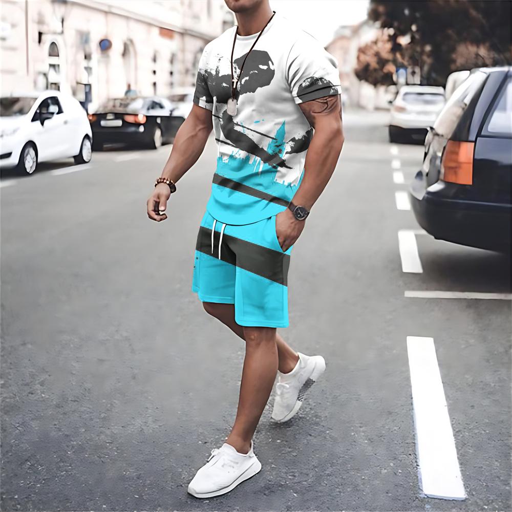 Men Summer Sets T Shirt Shorts 2 Piece Outfits Mesh Workout Tracksuits Oversized T-shirts Suits Print Sportswear Men's Clothing