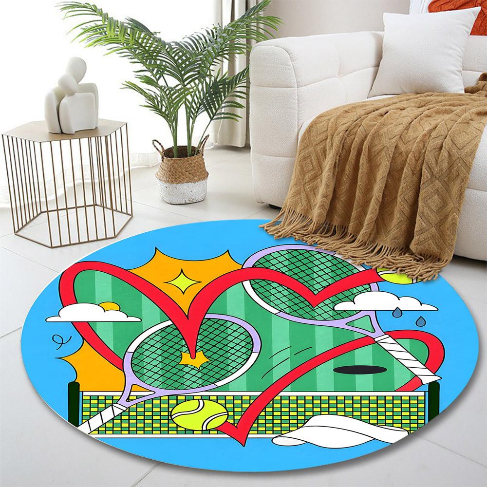"Tennis-Themed Vibrant Abstract Design" Print round rug, living room, bedroom, playroom carpet, non slip floor mat, gift